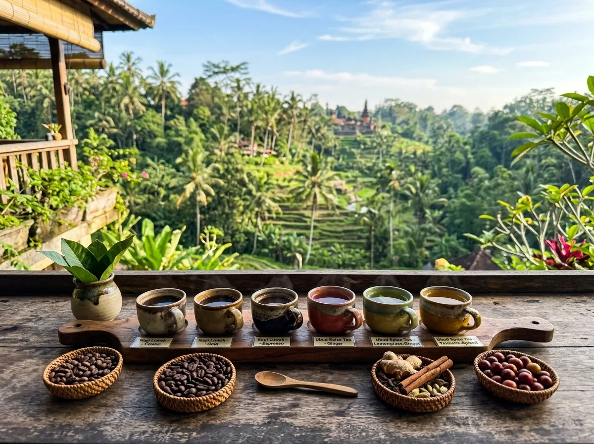 Traditional Balinese Luwak coffee and herbal spice tasting flight overlooking tropical jungle ravine
