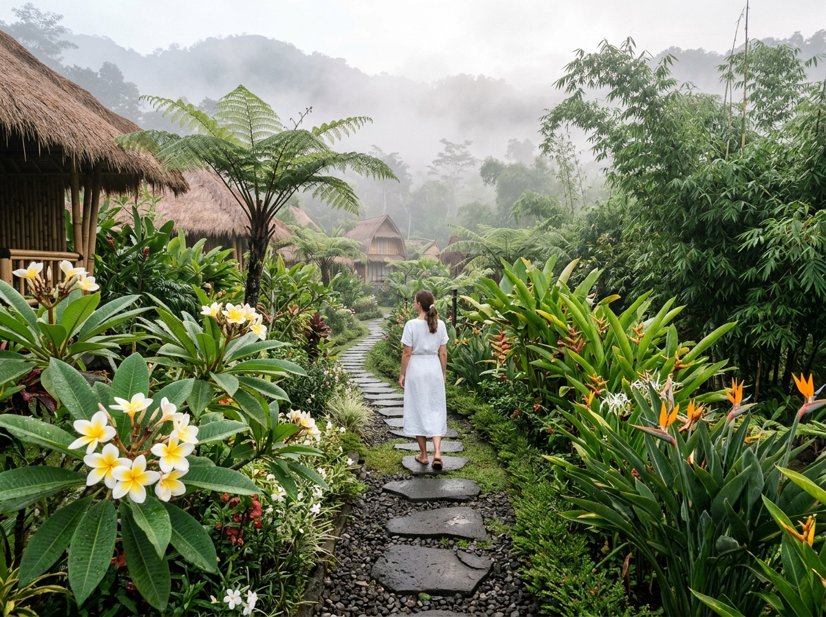 Stone Garden Pathway with Morning Mountain Dew & Tropical Blooms